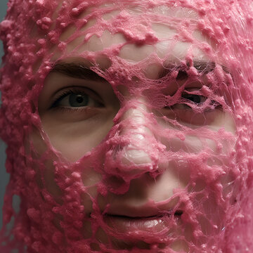 Close up einer Frau mit rosa Wollf&auml;den im Gesicht