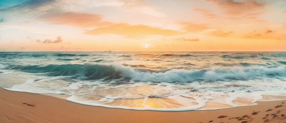 Panoramic Tropical Beach Sunset: Tranquil Seascape with Golden Sand and Calm Sky - Vacation Travel Banner - obrazy, fototapety, plakaty