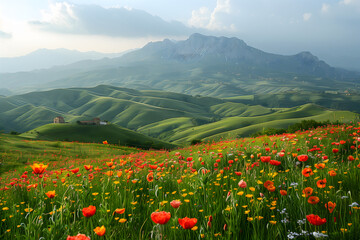 Field of Flowers With Mountains in the Background
