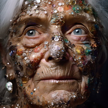 Close Up einer alten Frau mit Edelsteinen im Gesicht