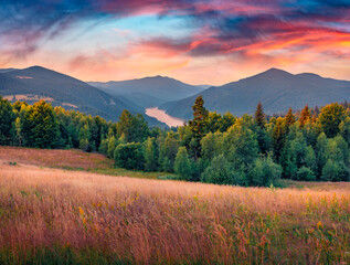 Dramatic morning view of mountain pasture on the shore of Lacul Dragan lake, Cluj County, Romania. Colorful summer sunrise on Apuseni Mountains. Beauty of countryside concept background..