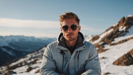 Handsome white man travel influencer in a snowy mountain landscape, sitting in top of rock - Powered by Adobe