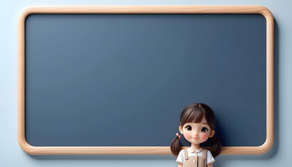 A cute girl stands in front of a blank message board (blackboard) with nothing written on it. with copy space - obrazy, fototapety, plakaty