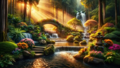Sunlit Fantasy Garden with Cascading Waterfalls and Floral Stone Bridge. illustation Wallpaper 