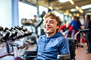 Portrait disabled man with cerebral palsy in a wheelchair in gym. Concept of adaptive fitness, accessibility environment in public spaces for people with disabilities. Inclusivity diversity awareness