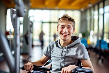 A smiling young man with cerebral palsy in a wheelchair on a gym background. Concept of adaptive workout fitness, accessibility environment in public spaces for people with disabilities
