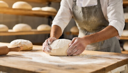 Close-up of man baker hands kneading the dough on black board with flour powder. Concept of baking and patisserie