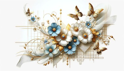 3D  Wallpaper Elegant Flower Artwork with Golden Butterflies and Geometric Patterns
