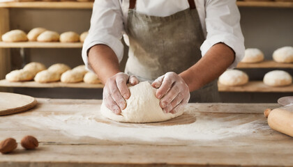 Close-up of man baker hands kneading the dough on black board with flour powder. Concept of baking and patisserie