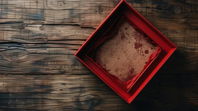 Happy Valentines Day with empty white photo frame, LOVE cube boxes, gift, pine cone on red wooden table in background.