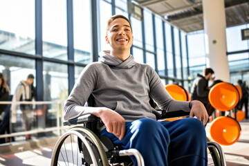 A joyful disabled man with cerebral palsy in a wheelchair radiates positivity at the gym. Concept of inclusivity of health and wellness public spaces for people with disabilities