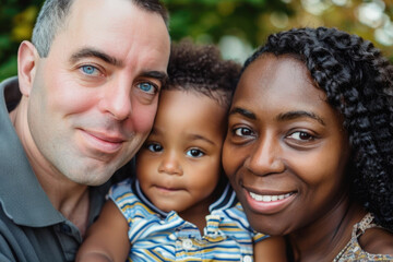 Close up portrait of family of mixed race outdoors