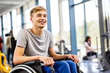 A smiling young man with muscular dystrophy in a wheelchair in gym. Concept of adaptive fitness and accessible spaces for people with disabilities. Copy space