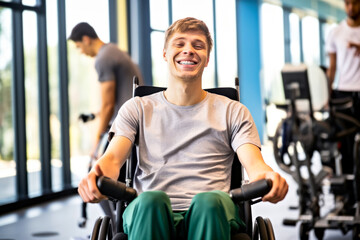 A young man in a wheelchair enjoys his time at the gym surrounded by diverse gym-goers. Concept of adaptive fitness and accessible spaces for people with disabilities