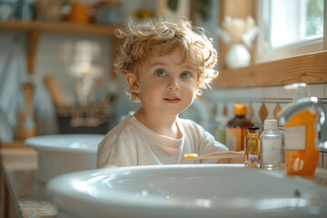 Adorable young child holding a toothbrush, preparing for morning dental care routine in a sunlit bathroom.