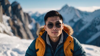 Handsome asian man travel influencer in a snowy mountain landscape, sitting in top of rock - Powered by Adobe