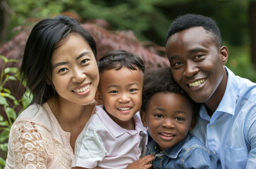 Close up portrait of family of mixed race outdoors