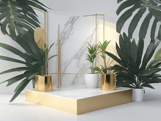 Modern style free PSD product backdrop including a marble podium and gold palm leaf