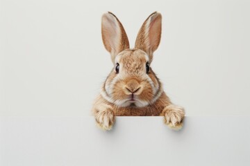 Obraz premium A cute bunny peeks over a white edge, symbolizing curiosity, playfulness, and innocence. Perfect for themes of pets, animals, and adorable moments. Ideal for spring, Easter, or animal-themed concepts.