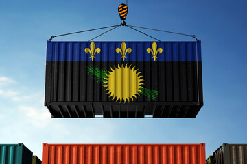 Guadeloupe trade cargo container hanging against clouds background