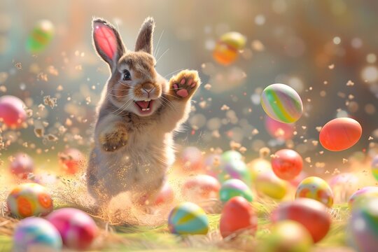 Happy Easter bunny jumping in colorful easter eggs, Easter concept