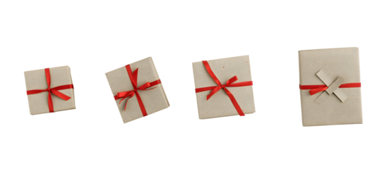 Set of brown craft gift box with red ribbon bow isolated on Transparent Background. Ai Generated	