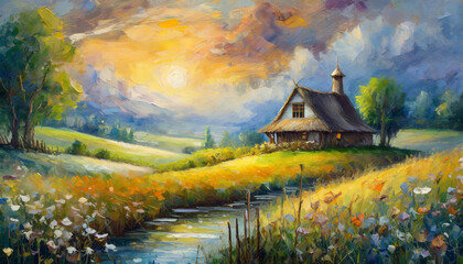 Piękny krajobraz wiejski, malowany farbą olejną, dekoracja generative ai