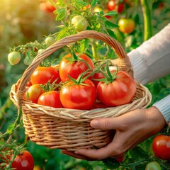 Kobieta trzymająca w dłoniach kosz pełen pomidorów