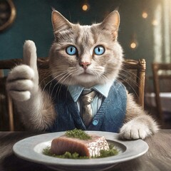 A cat sitting at a table in front of a plate of fish and holding a raised paw with a thumbs up - obrazy, fototapety, plakaty