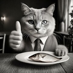 Kot siedzący za stołem przed talerzem z rybą i trzymający uniesioną łapkę z kciukiem do góry - obrazy, fototapety, plakaty