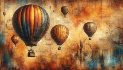 Vintage Hot Air Balloons Soaring Over Old World Landscape. illustration Wallpaper 