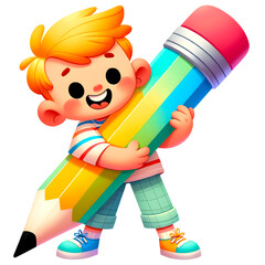 Cute kawaii boy wearing colorful outfit carry gigantic pencil clipart. Back to school theme. 