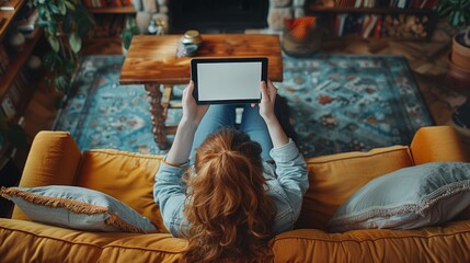 Top view mockup image of a woman holding digital tablet with blank desktop screen while lying on a sofa at home