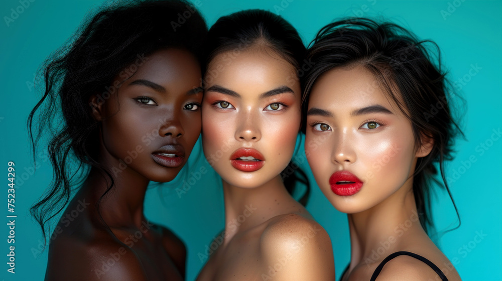 Wall mural Studio headshot of beautiful multiethnic girls with natural beauty, different skin tones and makeup.