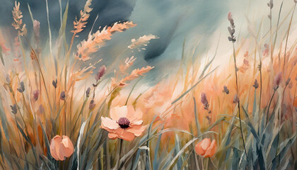 Malowana łąka w kolorze brzoskwiniowym, trendy 2024, dekoracja generative ai - obrazy, fototapety, plakaty