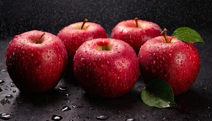 Piękne dojrzałe czerwone jabłka, na czarnym tle, dekoracja generative ai