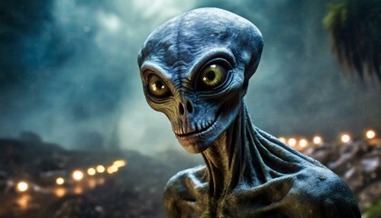 A blue big-eyed alien, scary creature, from other planet, galaxy, ufo