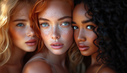 Studio headshot of beautiful multiethnic girls with natural beauty and glowing smooth skin.
