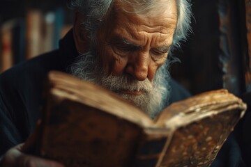 Close-up of a senior male with vivid white hair concentrates on a tattered book with golden bindings - obrazy, fototapety, plakaty