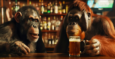 Chimpanzee and orangutan on weekends in a bar with a mug of beer, humorous poster and invitation to the bar