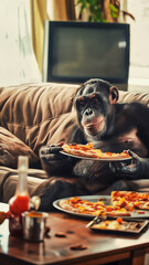 Portrait of a chimpanzee eating pizza at a table in the living room, pizza delivery vertical poster