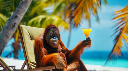 portrait of an orangutan in a sun lounger on the beach holding a glass of cocktail, vacation on a...