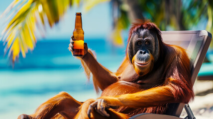 Cheers, a banner advertising a vacation at a resort, a portrait of an orangutan in a sun lounger on the beach holding a bottle of beer, vacation on a tropical island, a bright sunny day