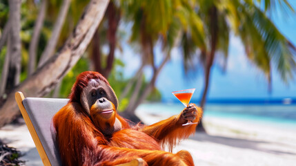 Resort advertisement, portrait of an orangutan in a sun lounger on the beach with a glass of...