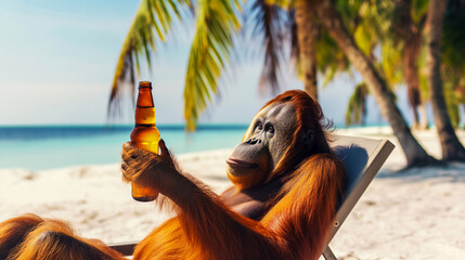 Vacation on a tropical island, advertising a cruise, portrait of an orangutan in a sun lounger on...