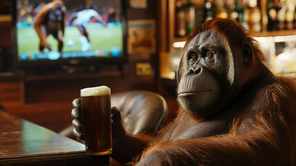 Adult orangutan in a pub with a glass of beer watching football on TV, bar advertisement with copy...
