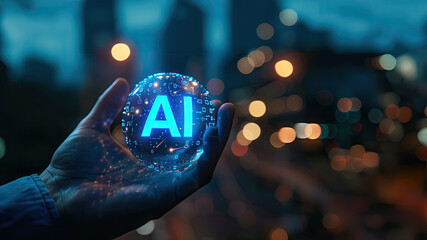 AI. Artificial Intelligence in the shape of sphere in the hand of a person. Machine Learning Concept. Big data. Neural networks. AI and virtual technology. 