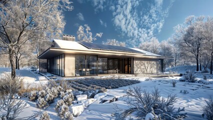 A modern, minimalist home with a flat roof and large windows, surrounded by a snowy landscape with frosted trees. Solar panels are installed on the angled roof, providing renewable energy.
