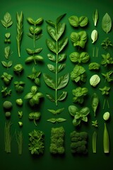 Green colour fresh herbs on green background. Overhead view.