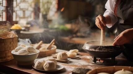 Preparing Traditional Foods: cooking traditional Chinese foods like dumplings (Jiaozi), rice cakes...